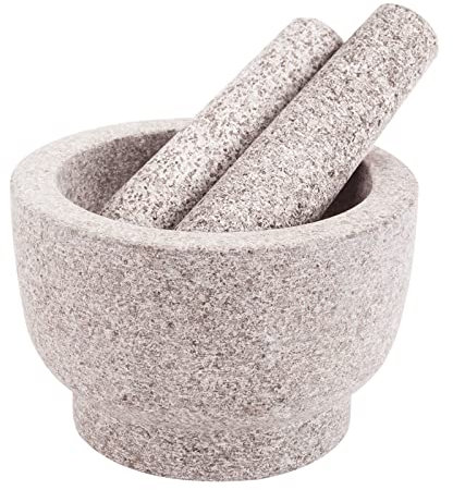 Comie Mortar and Pestle Set,Heavy Duty,Unpolished Granite,8Inch-5Cup Capacity,Grinder for Spices and Seeds,Grinding,Crushing and Mashing Spices,Nuts,for Guacamole,Garlic Sauce,Gray.