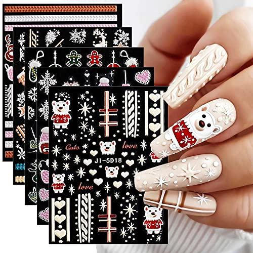 5 Blatt 3D Nagelsticker Weihnachten Nagelaufkleber 5D Stereoskopisch Selbstklebend Schneeflocke-Weihnachtswinterurlaub Nail Art Sticker Dekoration Nageldesign Zubehör