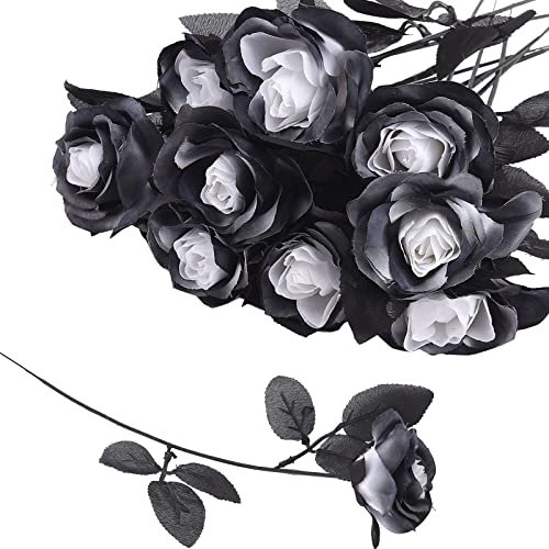 JUKIDS 12 Fiori Artificiali di Rose Bianche e Nere per Halloween - Bouquet di Seta Finti per Feste di Nozze e Decorazioni per la Casa