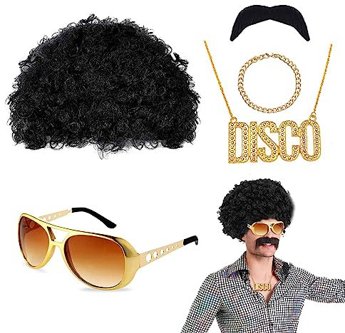 VIKSAUN Hippie Kostüm Set, Herren Hippie Perücken Kostüm Zubehör Set, Afro Perücke, Hippie Perücke Herren, Schnauzbart, für 60er 70er 80er Hippie Kostüm Disco Thema Party, Cosplay, Halloween (5 Pcs)
