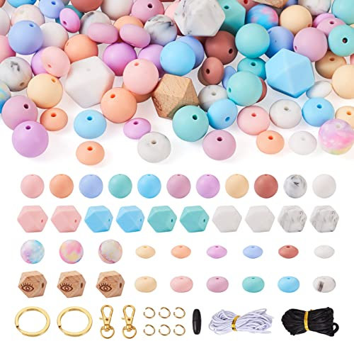 PandaHall 122 runde Silikonperlen, sechseckige Gummiperlen mit Holzperlen, Breakaway-Verschlüsse, Nylonfaden für Armband, Schmuck, Schlüsselband, Schlüsselbund