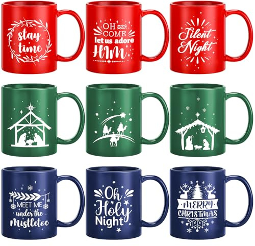 Uiifan 9 Pcs 12 oz Christmas Mugs Set Christmas Mini Coffee Mugs with Cup Nativity Scene Ceramic Xmas Mugs for Hot or Cold Christmas Holiday Table Centerpieces Decoration Housewarming Gift
