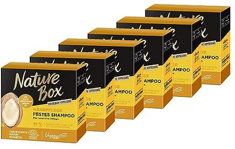 Nature Box festes Shampoo Nährpflege (6x 85 g), festes Haarpflege-Shampoo mit Argan-Öl sorgt für intensive Pflege, recycelbare Verpackung
