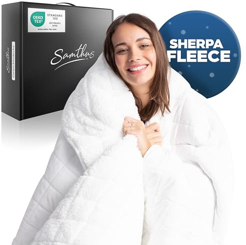 Samthus Gewichtsdecke 135x200cm 5kg Sherpa Fleece - Oeko-Tex Zertifiziert - Therapiedecke & Entspannungsdecke - Besser schlafen mit unserer schweren Bettdecke - Weighted Blanket - Weiß