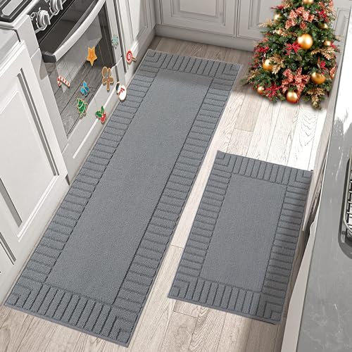 BEQHAUSE Kitchen Rugs Washable Kitchen Mats Floor Non-Slip Kitchen Mats Absorbent Kitchen Runner with TPR Non Skid Backing,Set of 2(60X89cm+60X152cm,Grey)