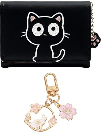 MEMOFYND 1 Portefeuille Chat Noir avec 1 Pendentif Chat, Joli Porte-Monnaie pour Femme, Sac en Cuir PU avec Fentes Multi-Cartes, Sac accordéon à Main (Noir)