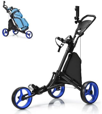 SPOTRAVEL 3 Wheel Golf Push Pull Cart, Folding Golf Trolley with in Foil Coated Storage Bag, Elastic Strap, Adjustable Umbrella & Cup Holder, Portable Golf Bag Holders (Blue)