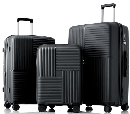 Merax TSA-Schloß Koffer 3er Reisekoffer Trolley Kofferset, Handgepäckskoffer Vergrößerbares Gepäck, Rollkoffer mit Teleskopgriff und 4 Rollen, PP-Material, M-L-XL, Schwarz