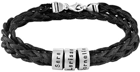 MYKA Bracelet Homme en Cuir Tressé Noir avec Petites Perles Personnalisées - Personnalisé Cadeau De Noël Gravé Nom Sur Mesure Bijoux Cadeau Pour Lui, Papa (Argent sterling - Cordon de Coton Noir)