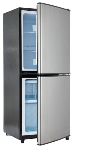 Réfrigérateur économe en énergie 106L double zone, réfrigérateur 60L und congélateur 46L 4 étoiles, 7 réglages de température, 45dB, argent gris brossé, éclairage LED, étagères réglables, 166 kWh/an