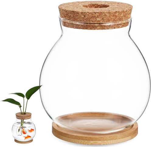 Transparentes Tisch-Fischglas mit Deckel, kleines Glas-Tisch mit Holzdeckel, Betta-Aquarium, Pflanze, Terrarium, Vase für Zuhause, Büro, Dekoration, 13 x 14 cm