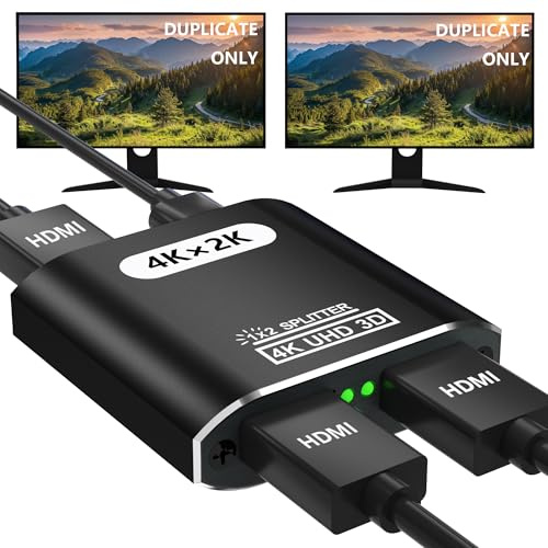 OLKIEQZ HDMI Splitter 1 in 2 Out, 4K HDMI Splitter for Dual Monitors Supports 3D Full HD 1080P Aluminum HDMI Spliter Dual Monitor HDM