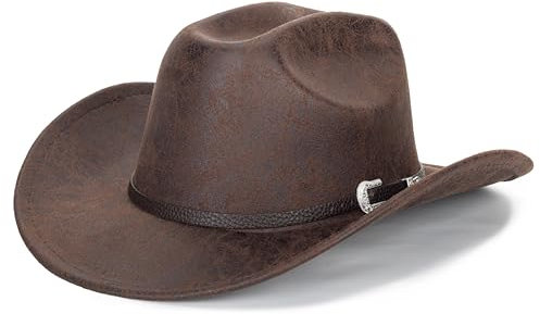 Eohak Western-Cowboy-Sombreros para mujeres-hombres-marrón-cuero-pu-cowgirl-sombrero de ala ancha-sombreros de caballero turístico Outback (M-L), Marrón: piel sintética, M