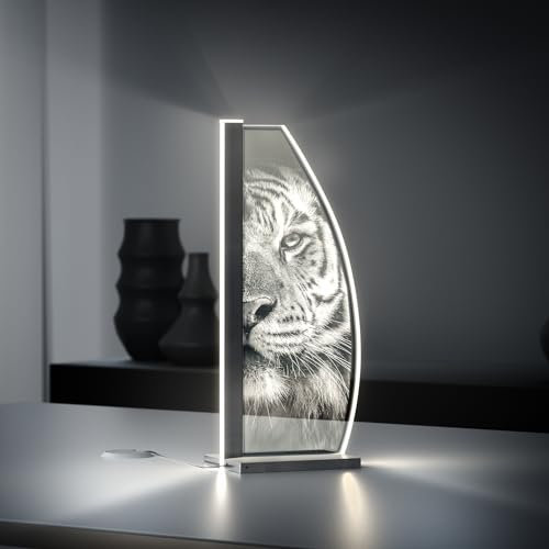 Luverre Tisch-Lampe | LED-Leuchte | Glas-Leuchte mit Gravur für Nachttisch, Kommode, Wohnzimmer (Tiger, Segel | anthrazit)