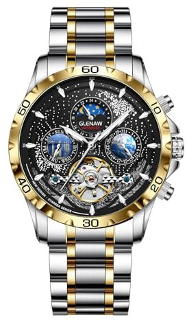 Automatische Uhren für Herren, multifunktionale mechanische Herrenuhr, Sternenhimmel-Zifferblatt, wasserdichte Uhren für Herren, Edelstahlband, Skelett, selbstaufziehend, mechanische Uhr, Tag Woche