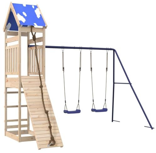 vidaXL Spielturm, Klettergerüst mit Dach Schaukeln Kletterwand Seil, Kinder Kletterturm Spiel-Zubehör für Garten, Holz Spielplatz Spielhaus, Massivholz Kiefer