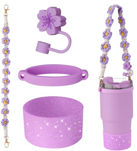 NiHome Accessory Set for Stanley Tumblers 20oz, 30oz, 40oz Cups, Includes Color-Coordinated Handle, Silicone Ring, Straw Plug and Glittery Base, Sparkling Additions to Enhance Your Drinkware (Purple)