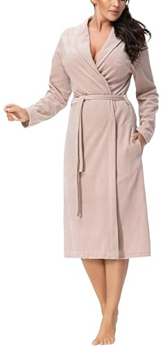 Aquarti Damen Velours Bademantel Nicki Morgenmantel mit Schalkragen zum Binden, Farbe: Beige, Größe: L