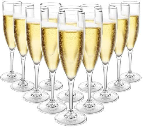 Oungy Set of 12 Plastic Champagne Flutes, 180ml/6oz Unbreakable Champagne Glasses, Reusable Plastic Prosecco Flutes, Elegant Wine Glasses for Garden Wedding, Birthday, Party, Anniversary