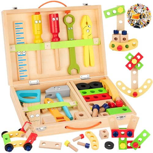 Jouet Enfant 3 4 5 Ans, Boite a Outil Enfant Jouets en Bois DIY 3D Jeux de Construction Bricolage, Caisse a Outil Enfant Jeux Montessori 2 3 4 Ans Idée Cadeau Enfant 3 4 5 Ans Garçon Fille