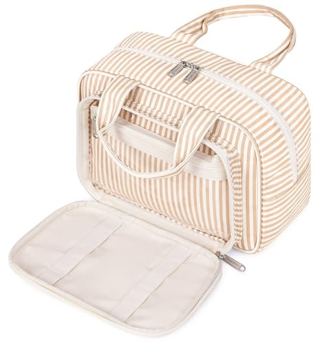 Kulturtasche Damen Gross & Kosmetiktasche Groß, Waschtasche Damen Make up Tasche für Herren & Volle Größe Kulturbeutel für Kinder (Hellbraune Streifen)