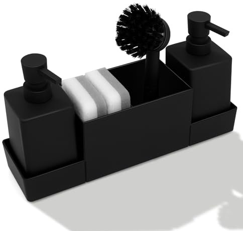 ZephyrCraft Kitchen Soap Dispenser Set with Sponge Holder and Brush Holder, Dish Soap Dispenser for Kitchen Sink Caddy (Black)