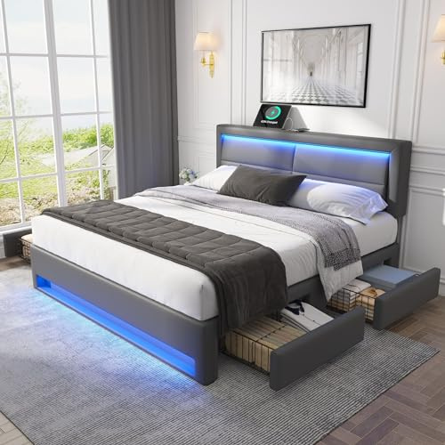 Dolamaní Boxspringbett 140 x 200 cm mit Vier Schubladen, große Stauraum, Polsterbett mit Kopfteil und Fußteil mit LE/D, Stauraumbett für Erwachsene & Jugendliche, PU (Grau)