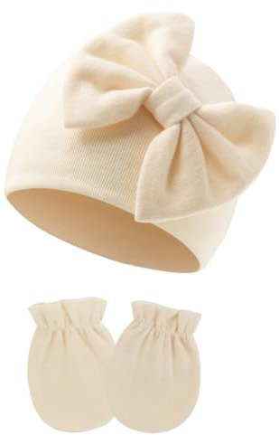 Neonato Bambino Berretto e Guanti per Neonato Accessori Set Cappellino per Ragazzi Ragazze Cotone 0-6 Mesi, albicocca