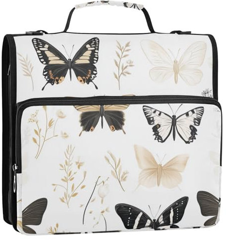Aesthetic Butterfly White 3 Rings Zip Up Binder with Strap Multiple Pockets Document Binder Organizer for School/Office