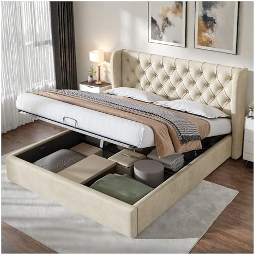 Zubaliya Lit rembourré en Forme d'oreille,lit Coffre 180x200 avec Fonctionnel hydraulique,lit 2 Personne 180 x 200 avec sommier à Lattes et Espace de Rangement,Velours (Beige)