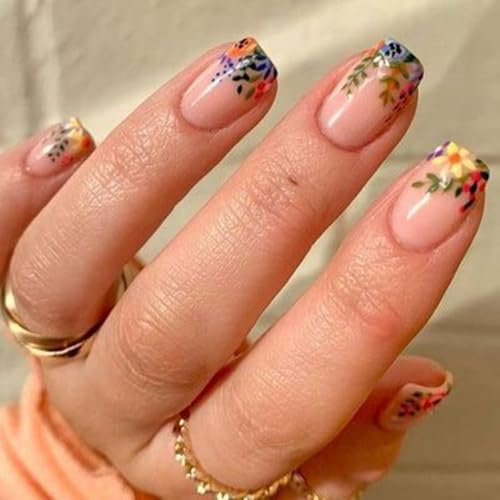 24PCS Colorful Flower Press on Nails with Glue – Short Fake Nails for Women, Trendy Floral Design, 12 Sizes, ABS Material, Gift Box Included