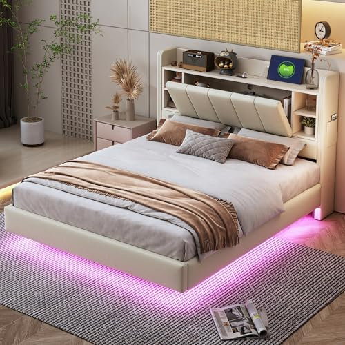 RIAZOS Polsterbett 140x200 cm, LED Stauraum Kopfteil mit USB Ladefunktion und Ablagefächern, Doppelbett mit Lattenrost, Bettgestell für Jugendliche und Erwachsene, Leinen, ohne Matratze, Beige
