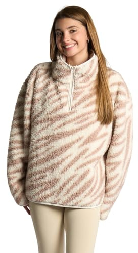 OHS Half Zip Fleece Women, Zebra Print Teddy Fleece Jacket Winter Clothes for Women Soft Warm Cosy Ladies Sweatshirt Top Casual Long Sleeve Pullover for Travel Hiking, Beige - L/XL