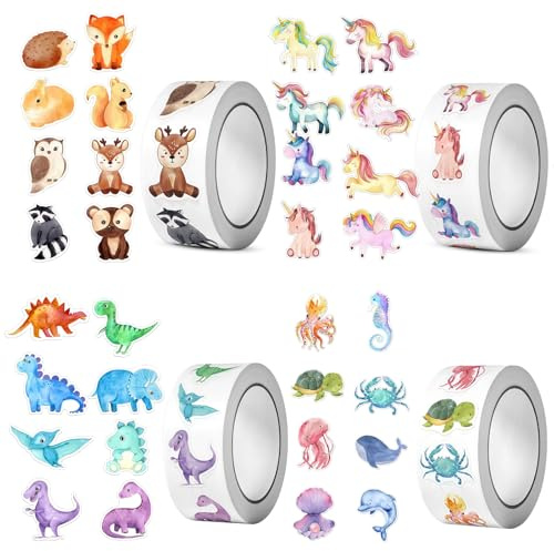 2000 Stück Runde Tier Aufkleber, 32 Muster Stickerrolle, Belohnungsaufkleber,Sticker Tiere, Meerestiere Sticker, Ozean Aufkleber für Mädchen Junge Scrapbooking DIY