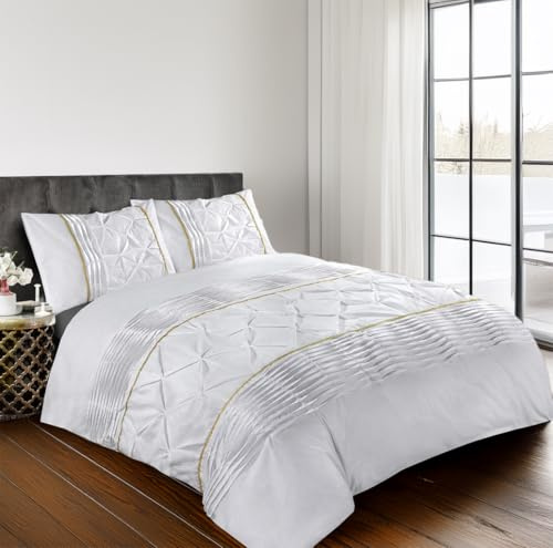 Home Sweet Home UK Super King Duvet Cover Set – Soft PolyCotton Border Pintuck Pattern with Matching Pillowcases, Pintuck Pleated Design, Durable & Machine Washable