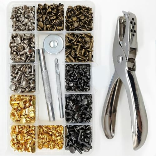 Set de 180 remaches de cuero con doble tapa hueca con tenaza perforadora, remaches metálicos para cuero, ropa, cinturones, reparación de manualidades DIY, juego de tenazas para remaches de ropa