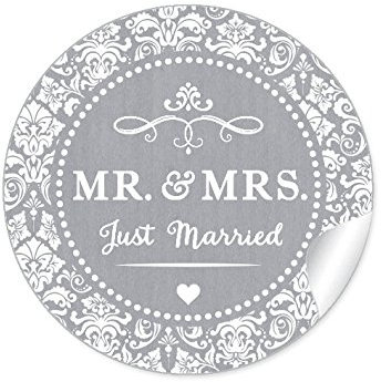 24 STICKER: MR. & MRS. - Just Married Schöne Hochzeitsaufkleber im Shabby Chic gestreiften Packpapier Retro Look zur Hochzeit mit Ornamenten und Herz • Etiketten: 4 cm, rund, matt in Grau