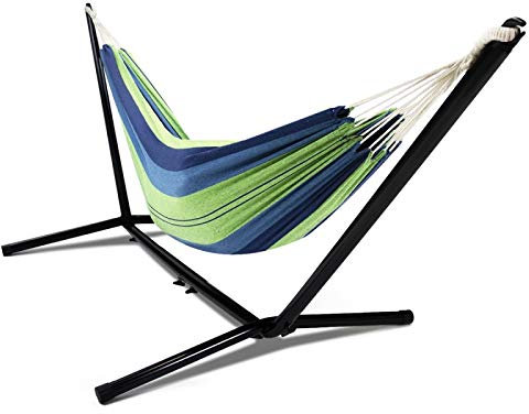 IDMarket - Hamac avec Support métal et Toile rayée Bleue et Verte