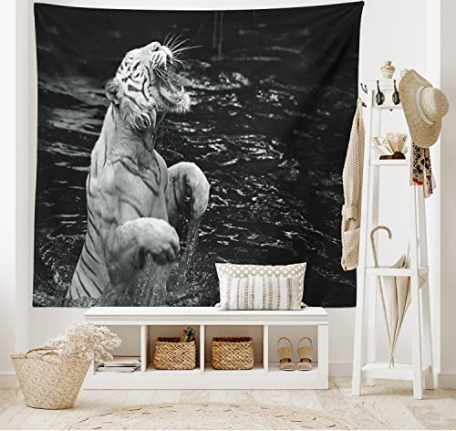 ABAKUHAUS Schwarz-Weiss Wandteppich und Tagesdecke, Exotic White Tiger aus Weiches Mikrofaser Stoff Waschbar ohne Verblassen Digitaldruck, 230 x 140 cm,Charcoal Grey Pale Grau