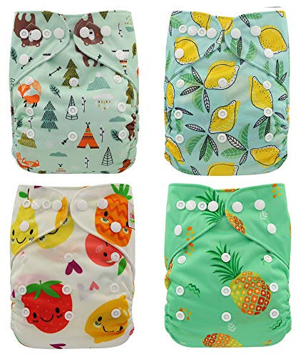 Waschbar Windel Babywindeln Stoffwindeln Schließungt wiederverwendbar, inkl. 4 Einlagen, 4 Stück (Obst)