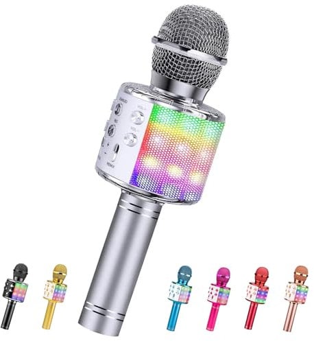 ShinePick Microfono Inalámbrico Karaoke, Micrófono Karaoke Bluetooth Portátil con Altavoz y LED para Niños Canta Partido Musica, Compatible con Android/iOS PC, AUX o Teléfono Inteligente (Plata)