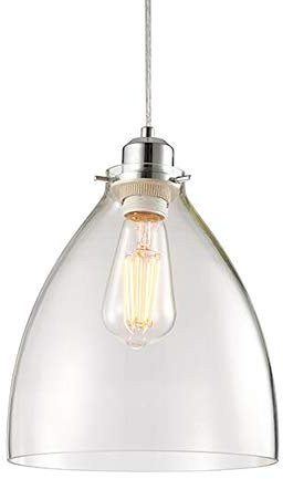 Hanging Ceiling Pendant Light Shade – Clear Glass & Chrome – Simple Slim Round Dome Bowl – Industrial Modern Lamp Shade Bulb Cover – Replacement Lighting Accessory – 220mm Wide x 250mm Tall