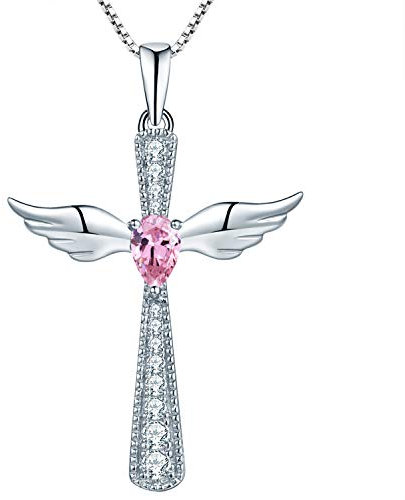 YL Kreuz Engelsflügel Halskette 925 Sterling Silber Oktober Geburtsstein Rosa Zirkonia Schutzengel Anhänger Halskette für Damen