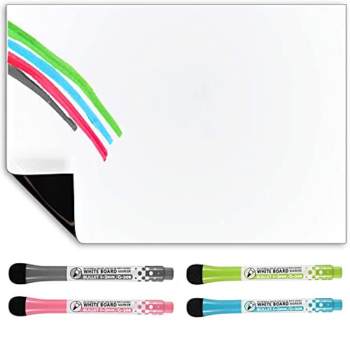 TMS Magnetisches Whiteboard, A3, für Notizen, Listen, Memos, Speisekarten, für zu Hause, in der Schule, im Büro und in der Küche, mit 4 magnetischen, mehrfarbigen, trocken abwischbaren Stiften