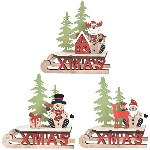 VALICLUD 3 Stücke Weihnachten Holz Schriftzug Weihnachtsmann Figur Xmas Deko Aufsteller Mini Weihnachtsbaum Schlitten 3D Holzpuzzle Weihnachten Tischdeko Rentier Schneemann Dekofigur Geschenke