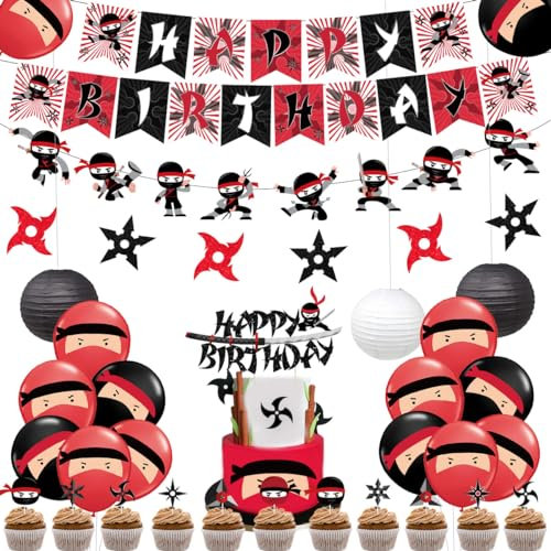 Décoration de Fête d'Anniversaire Ninja Rouge et Noir sur le Thème des Guerriers - Fournitures de Fête pour Garçons avec Autocollant Ninja Banderole d'Anniversaire Décoration de Gâteau