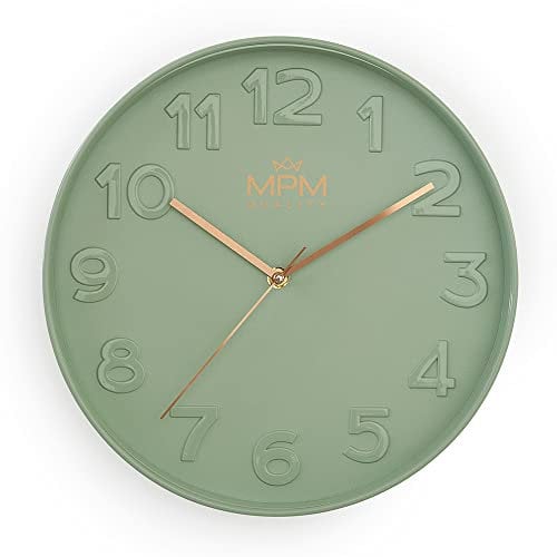MPM Quality Design Wanduhr, Grün, Modern Kunststoff Uhr, Glas, Quarz-Uhrwerk Sweep, 305x305x42 mm, für Wohnzimmer, Schlafzimmer, Küche, Büro und in jeden Raum