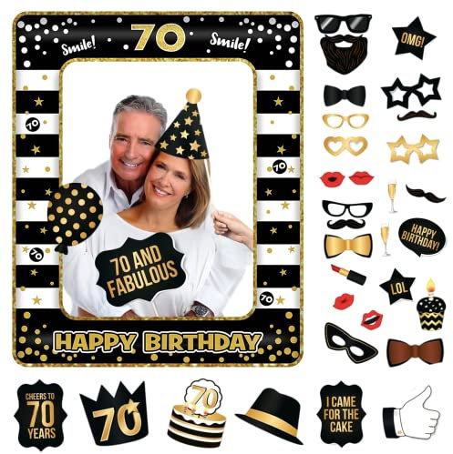 POPOYU 70th Birthday Decorations Girls Boys, Black Gold Inflatable Selfie Frame&34Pcs Photo Booth Props, Giant Party Frame for Ladies Men Decorations, 10x20cm