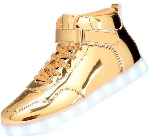 APTESOL 11 Modos LED Zapatillas, Zapatillas Altas con iluminación para Hombres y Mujeres, Zapatos con Luces Intermitentes Recargables por USB [Dorado,44]