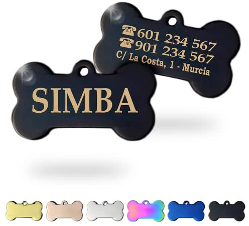 Ibera Gifts - Chapa Perro Grabada en Forma de Hueso | Placa Perro Personalizada para Perros y Gatos Medianos y Grandes | Placa Identificativa en Acero Inoxidable (Negro)